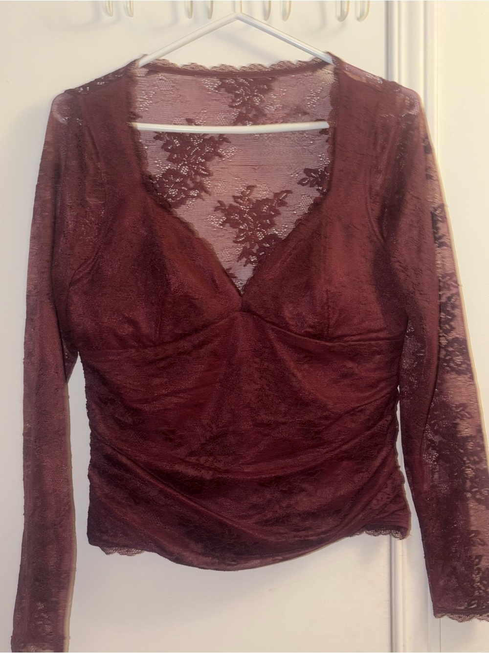 Sheer Lace Long Sleeve V-Neck Top in Deep Wine